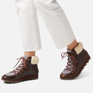 Sorel Harlow Lace Cozy size 7 brown Leather gray Wool Waterproof Boots